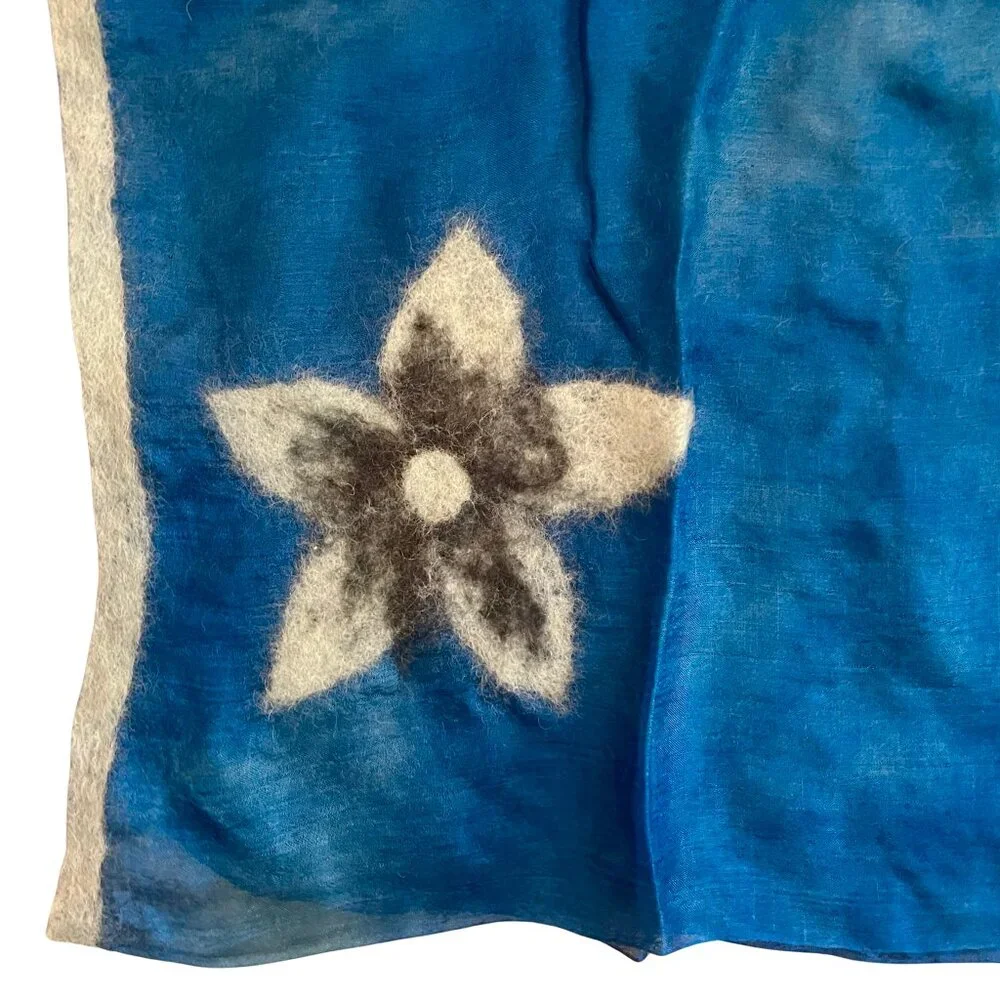NEW Kyrgyz Blue Silk Scarf Shawl w/ Ivory and Black Felted Wool Flowers